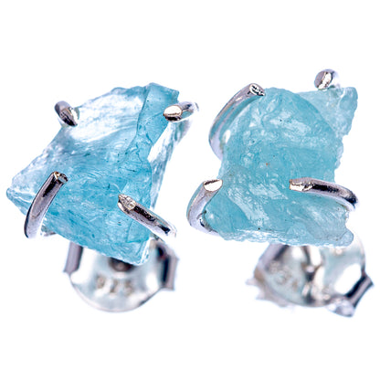 Aquamarine drop earrings in 925 sterling silver, rough light-blue crystal with curved hooks