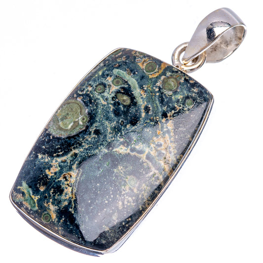 Sterling silver jasper pendant with elongated bail; blue-green mottled stone with gold flecks