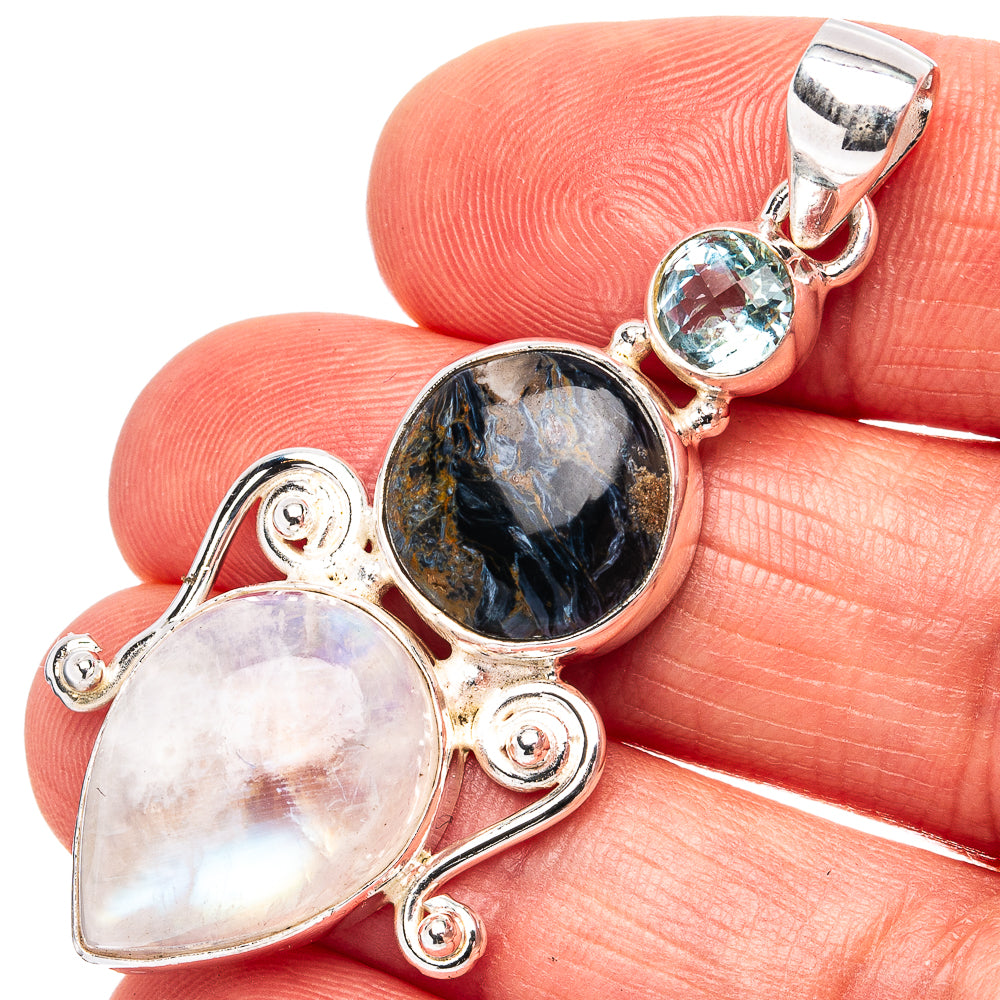 Premium Pietersite, Rainbow Moonstone, Blue Topaz Pendant 2" (.925 Sterling Silver)