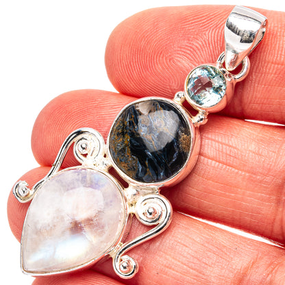 Premium Pietersite, Rainbow Moonstone, Blue Topaz Pendant 2" (.925 Sterling Silver)