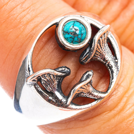 Turquoise dainty mushroom ring in .925 sterling silver with oval turquoise stone and mushroom motifs