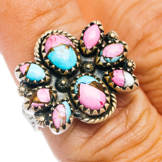 Southwestern turquoise and pink stone cluster ring in .925 sterling silver, adjustable