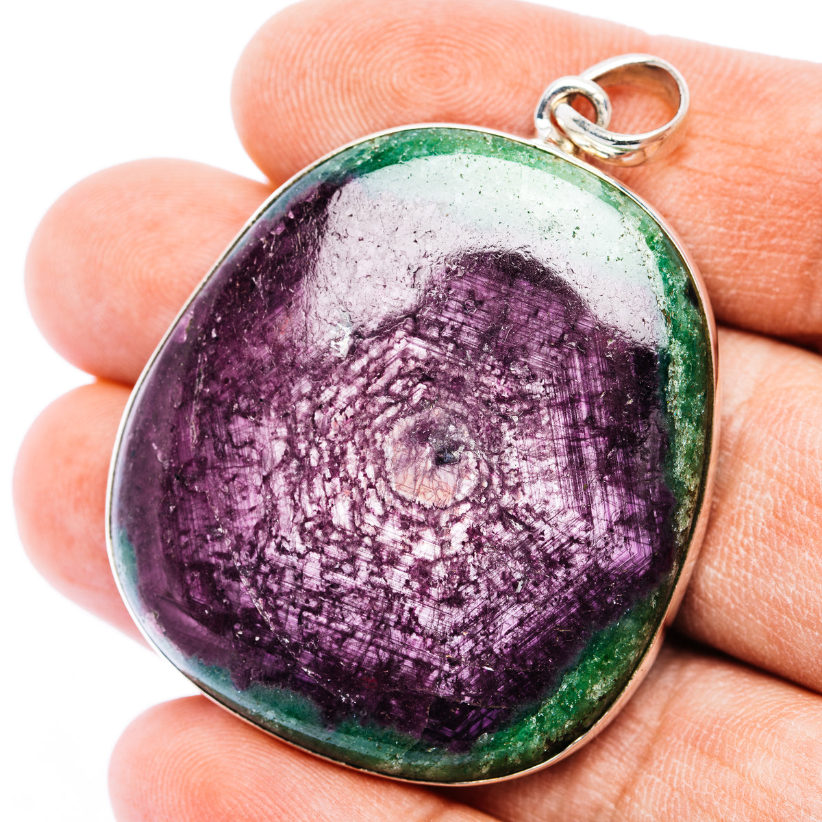 Oval sterling silver pendant with purple and green fire ruby zoisite cabochon