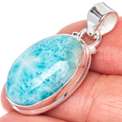 Oval larimar stone pendant in polished 925 sterling silver bezel with bail