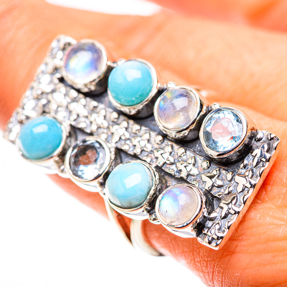 Signature Large Larimar, Rainbow Moonstone, Blue Topaz Ring Size 8.5 (925 Sterling Silver) RING138171