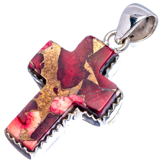 Cross pendant with red floral stone and gold accents in silver frame