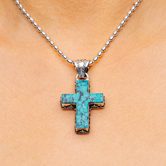 Tibetan Made Vintage Turquoise Cross Pendant 2 1/4" (.925 Sterling Silver)
