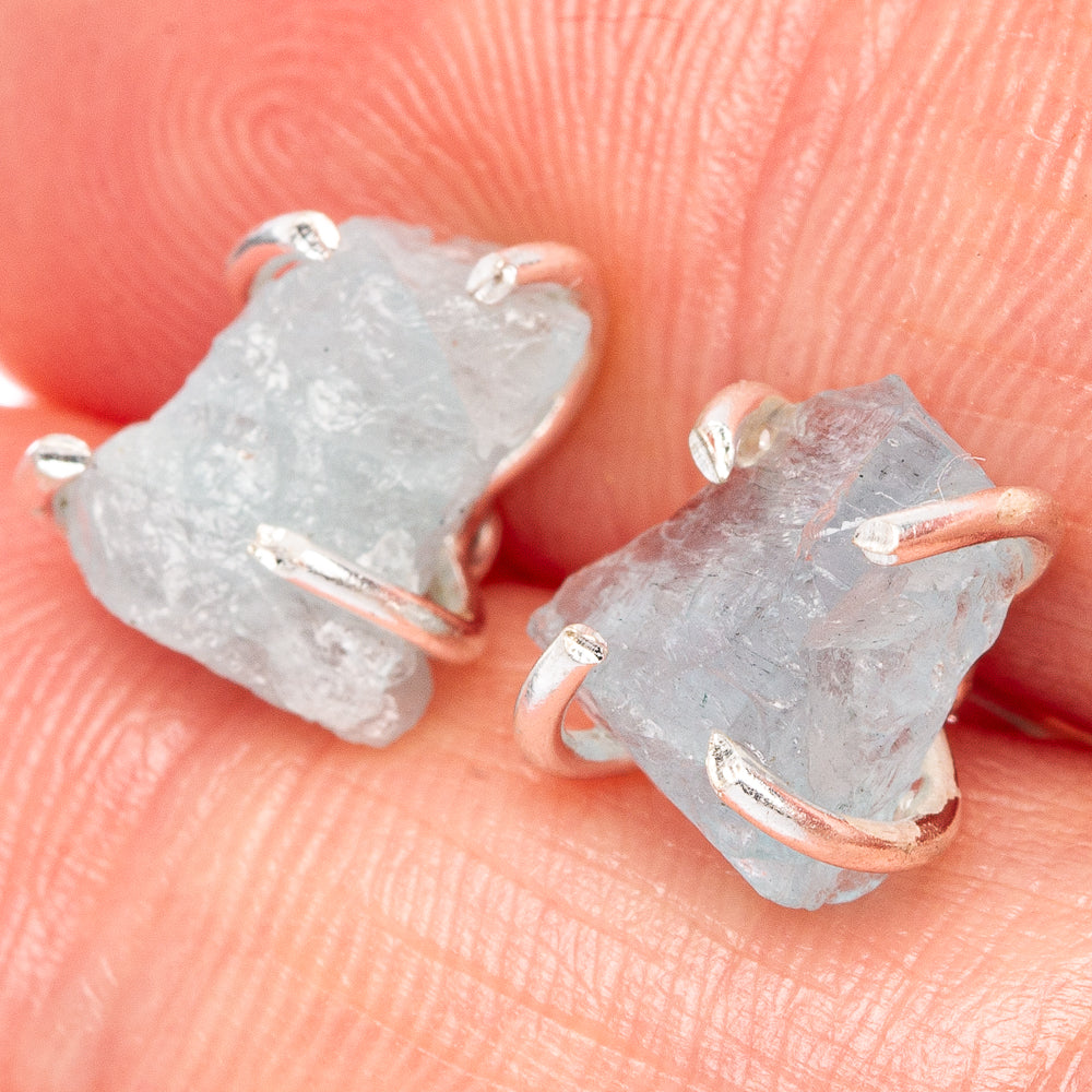 Aquamarine stud earrings, 925 sterling silver prong-set with rough light-blue stones