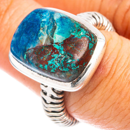 Sterling silver oval shattuckite ring with blue-green stone, close-up top bezel