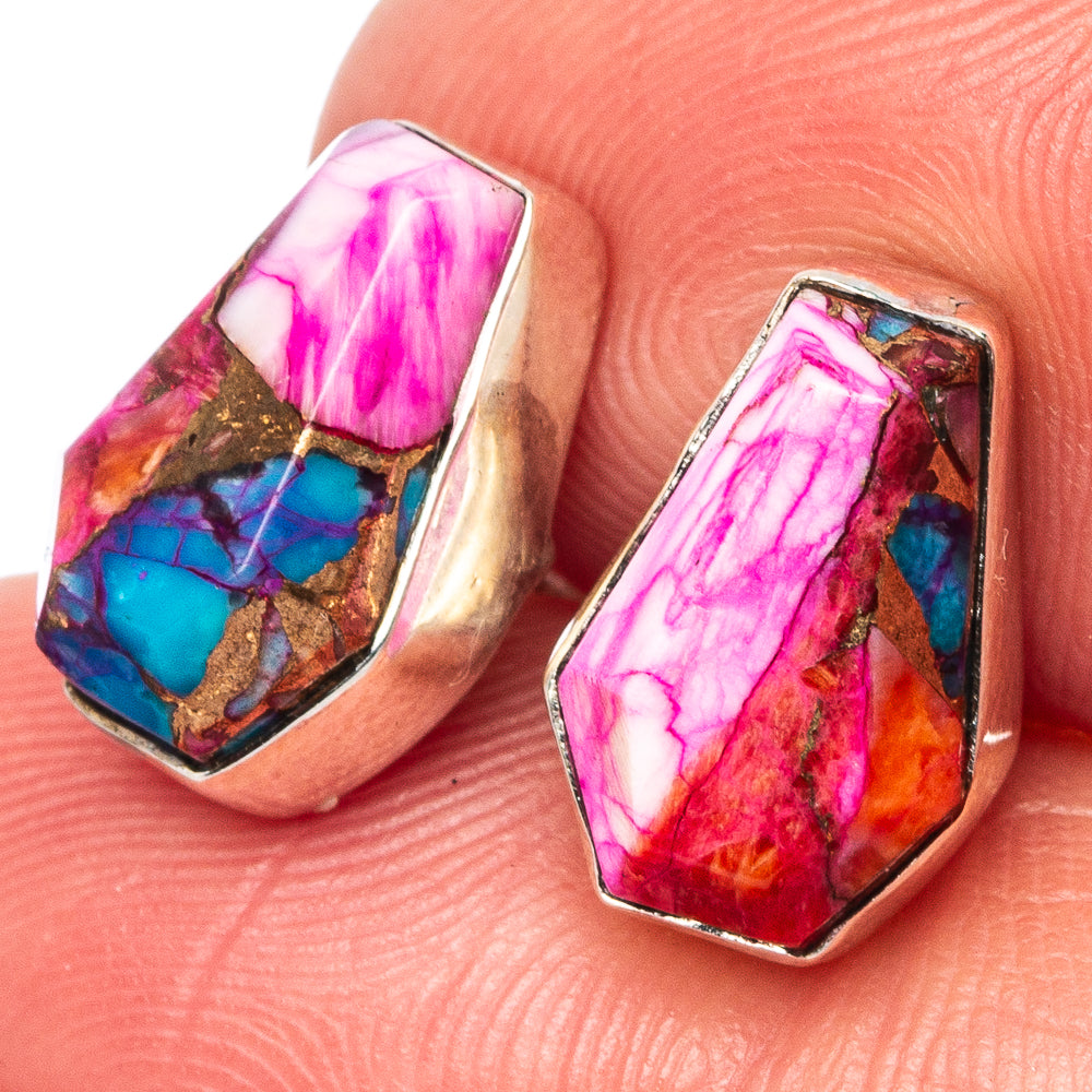 Multicolor spiny oyster stud earrings with faceted gemstones in silver bezels