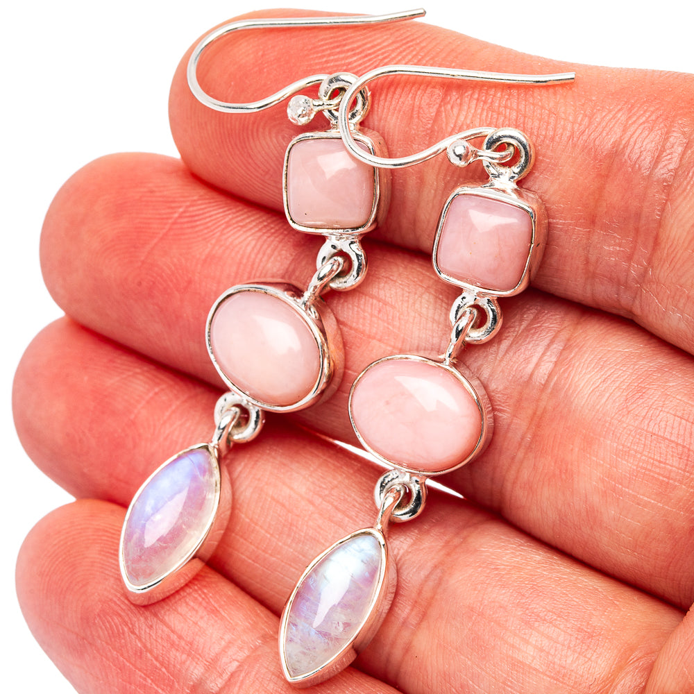 Premium Pink Opal, Rainbow Moonstone Earrings 2 1/8" (.925 Sterling Silver)