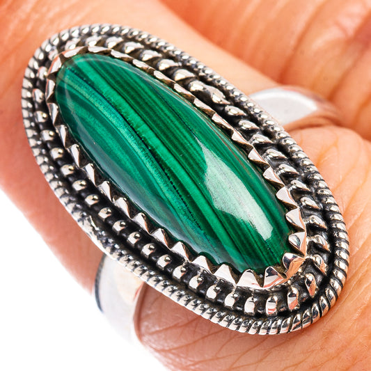 Malachite oval ring, size 7, .925 sterling silver with green stone and braided bezel