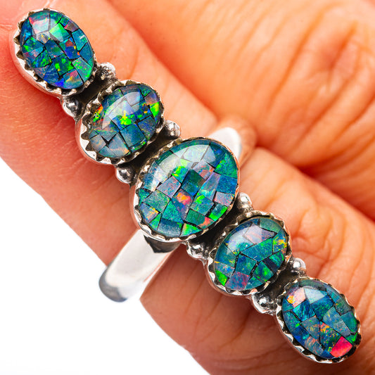 Adjustable .925 sterling silver ring with five oval blue-green opal triplet stones.