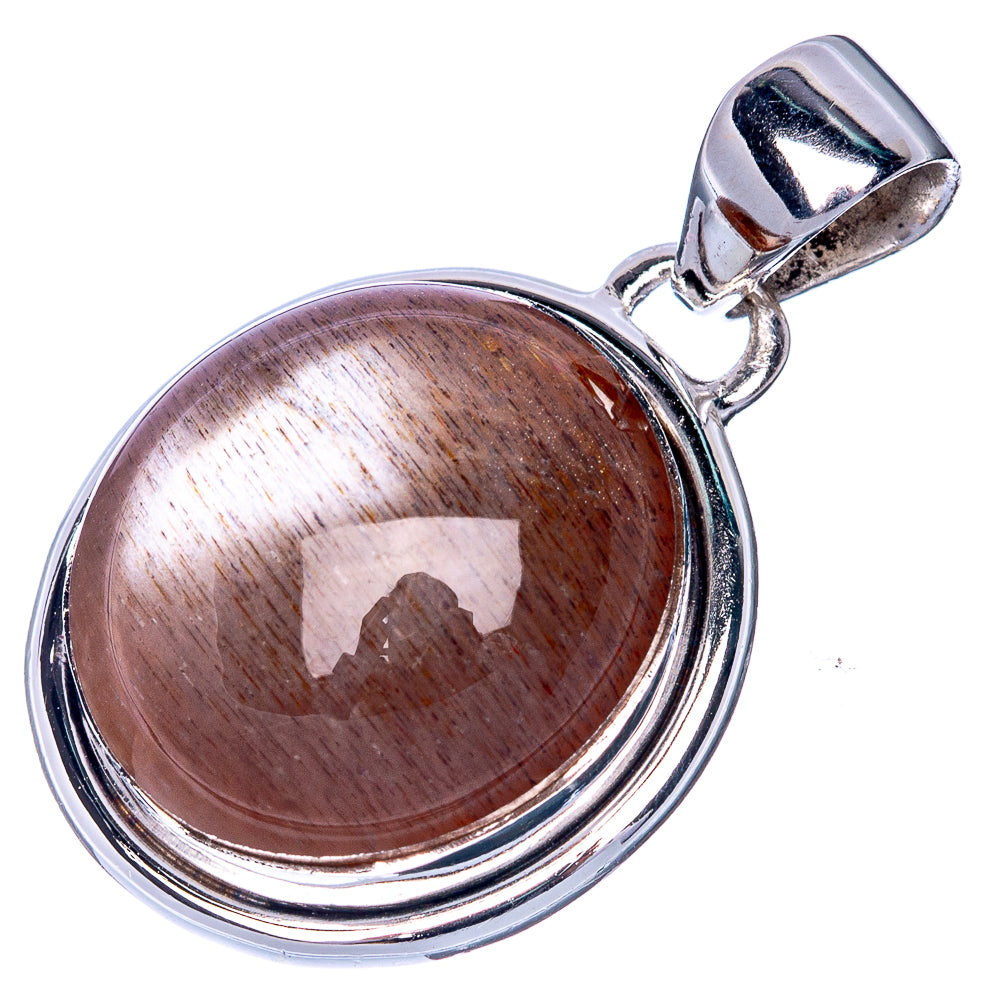 Brown oval moonstone cabochon pendant in polished 925 sterling silver with bail