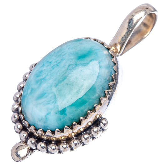 Oval larimar stone pendant in .925 sterling silver with textured bead border and bail
