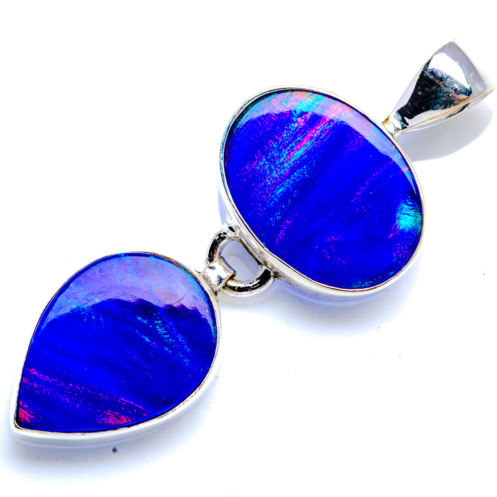 925 sterling silver opal pendant, oval cabochon with bright blue and magenta sheen