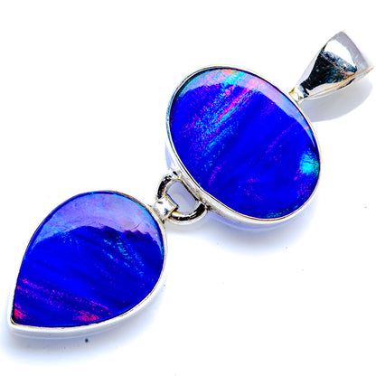 925 sterling silver opal pendant, oval cabochon with bright blue and magenta sheen