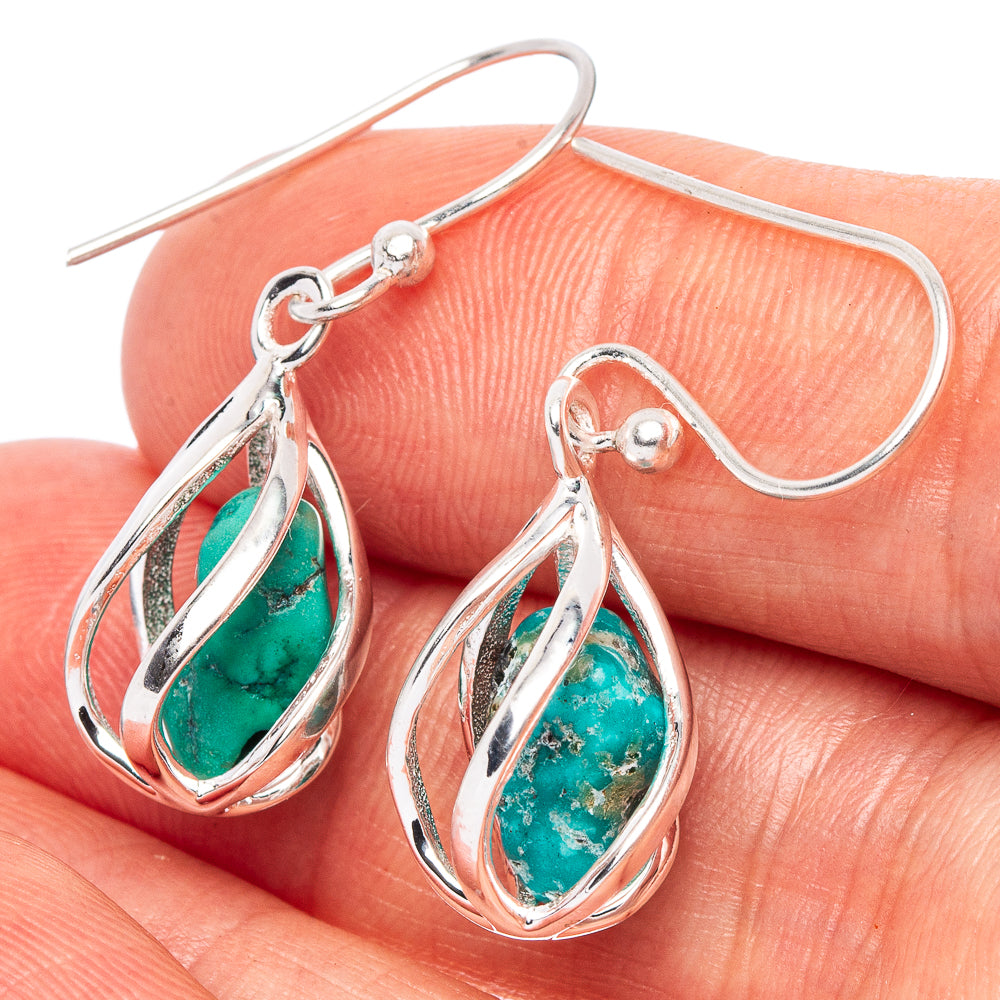 Rare Kingman Turquoise Caged Earrings 1 1/4" (925 Sterling Silver) E2628