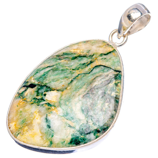925 sterling silver mariposite teardrop pendant with green stone cabochon