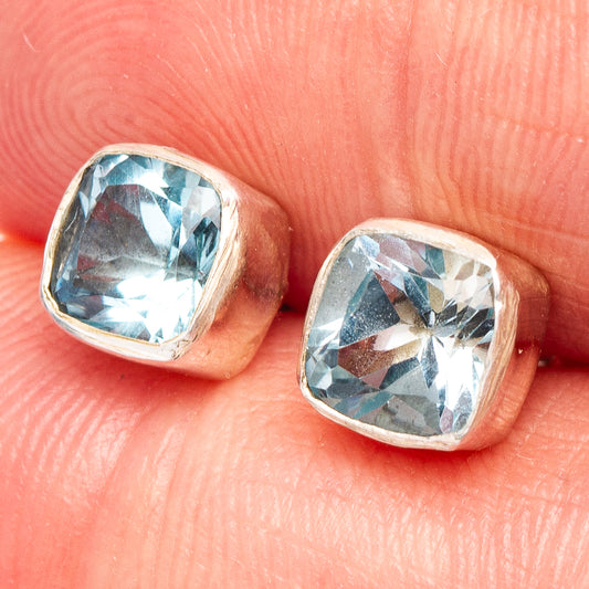 Cushion-cut blue topaz stud earrings, .925 sterling silver bezel settings