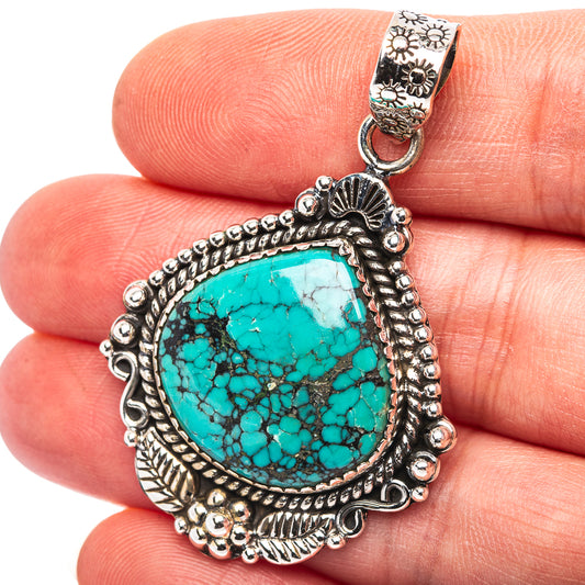 Exclusive Southwestern Style Hubei Turquoise Pendant 1 7/8" (.925 Sterling Silver)