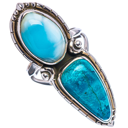 Sterling silver two-stone ring with oval larimar-blue and teal cabochons, raised bezels