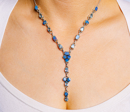 925 sterling silver necklace with blue oval and teardrop gemstones, Y-drop style
