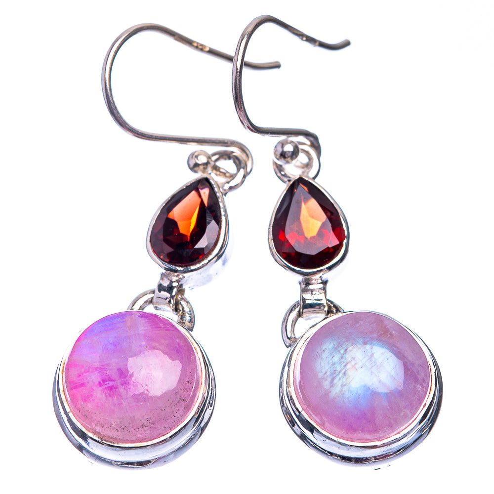 Pink Moonstone, Garnet Earrings 1 3/8" (925 Sterling Silver) E432375