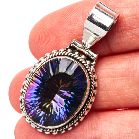 Sterling silver oval mystic topaz pendant, iridescent faceted center with ornate rope frame.