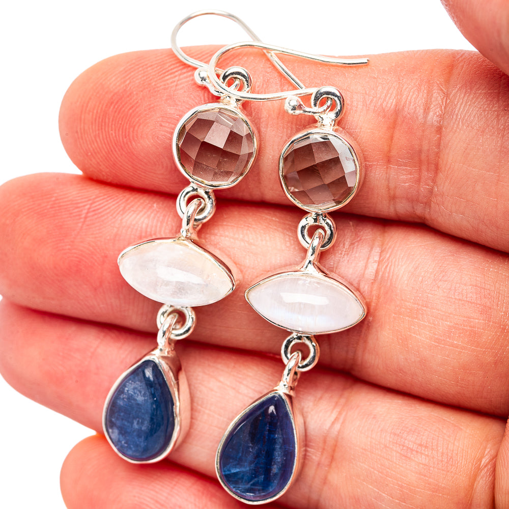 Premium Kyanite, Rainbow Moonstone, White Quartz Earrings 2 1/8" (.925 Sterling Silver)