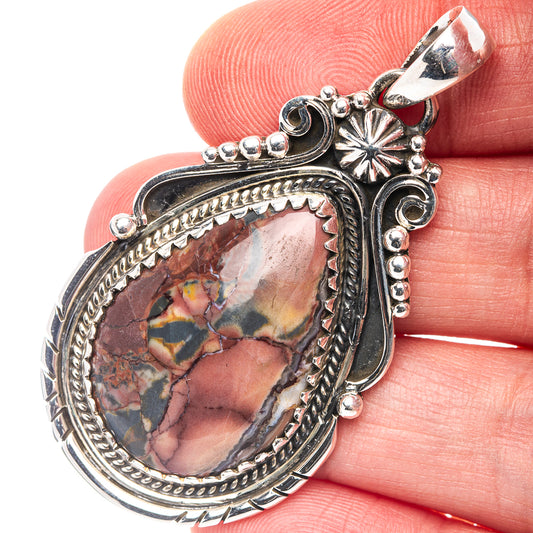 Sterling silver jasper butterfly pendant with oval multicolor stone and ornate beaded frame