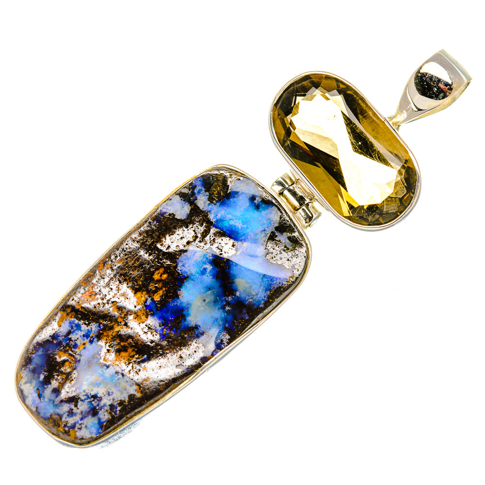 Sterling silver two-stone pendant with blue boulder opal and faceted smoky quartz