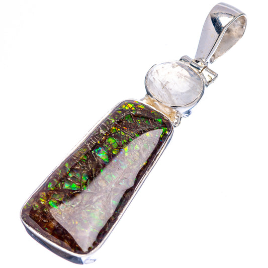 Sterling silver pendant featuring iridescent ammolite bar with round moonstone cabochon