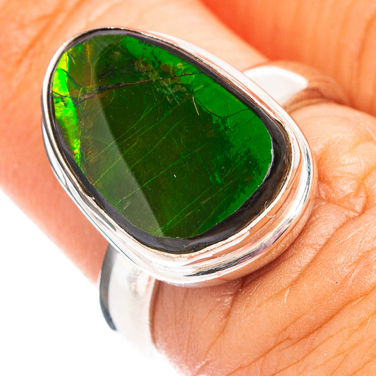 Sterling silver ammolite ring, green oval gemstone in shiny bezel, size 6