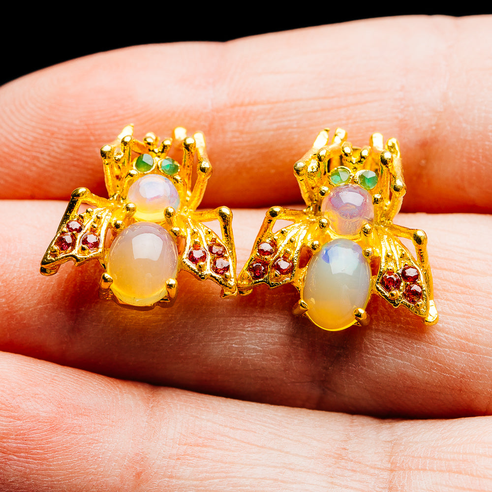 Ethiopian Opal, Rhodolite Garnet, Emerald Bee Earrings 3/4" (.925 Sterling Silver) 24k Gold Plated
