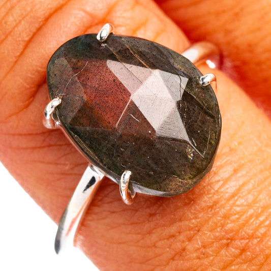 Faceted labradorite gemstone ring in .925 sterling silver, size 9 on hand