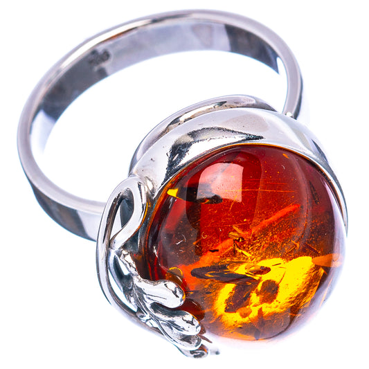 Sterling silver leaf ring with round Baltic amber cabochon, red and honey swirl
