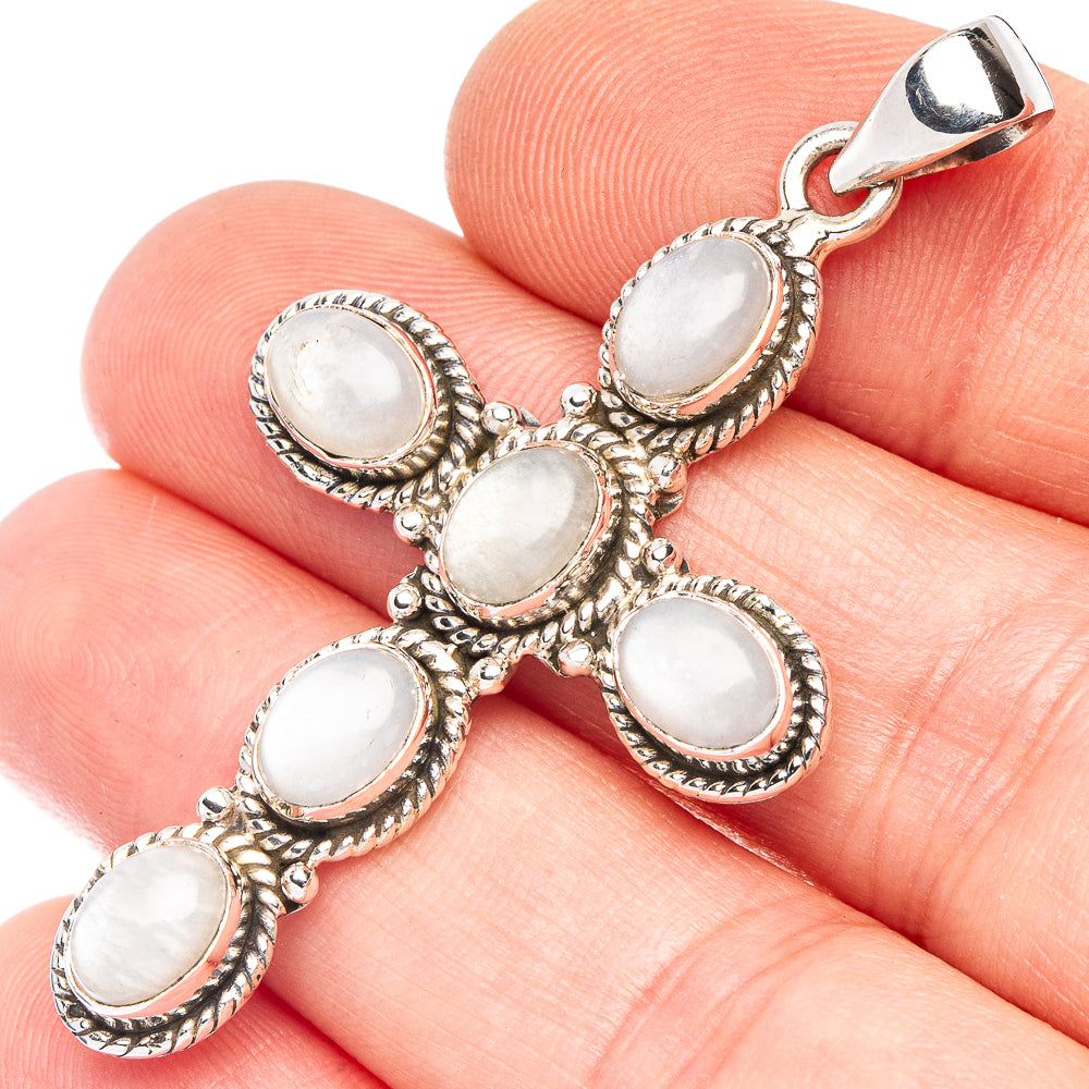 Rainbow Moonstone Cross Pendant 2 1/8" (925 Sterling Silver) P43839