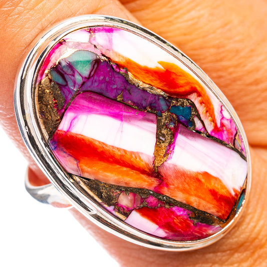 Sterling silver oval cabochon ring with pink, orange, and teal resin inlay
