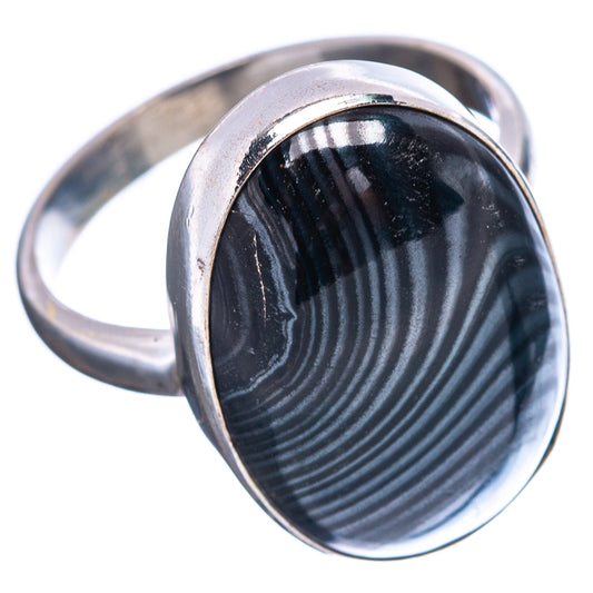 Black psilomelane oval cabochon sterling silver ring band, size 8.75.