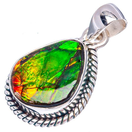 Oval green-yellow-orange ammolite pendant in rope-style sterling silver bezel and bail