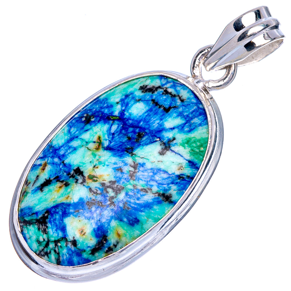 Sterling silver azurite pendant with oval cabochon in blue, teal, and black