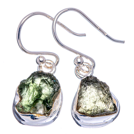 Sterling silver dangle earrings with green and metallic raw stones in bezel