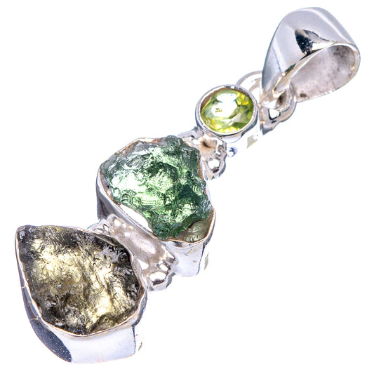 Sterling silver peridot and moldavite pendant with round green gem and rough green stone