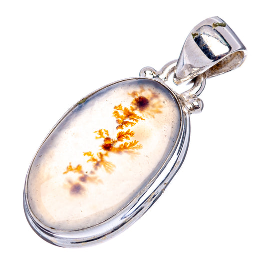Oval dendritic agate pendant in .925 sterling silver frame, pale white with orange branches