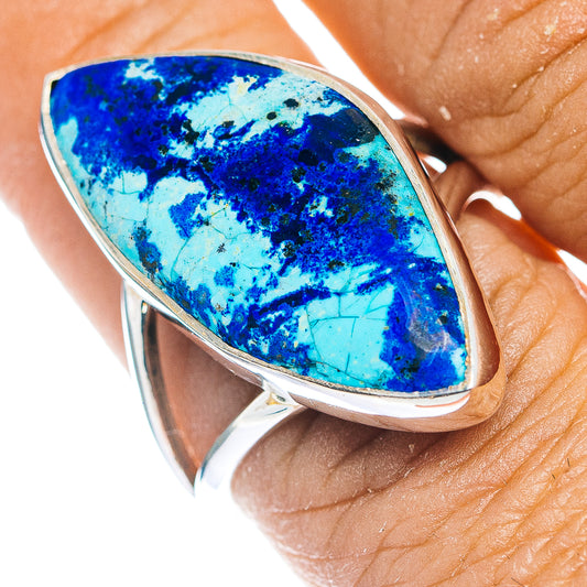 Sterling silver oval ring with blue azurite-like gemstone face on hand