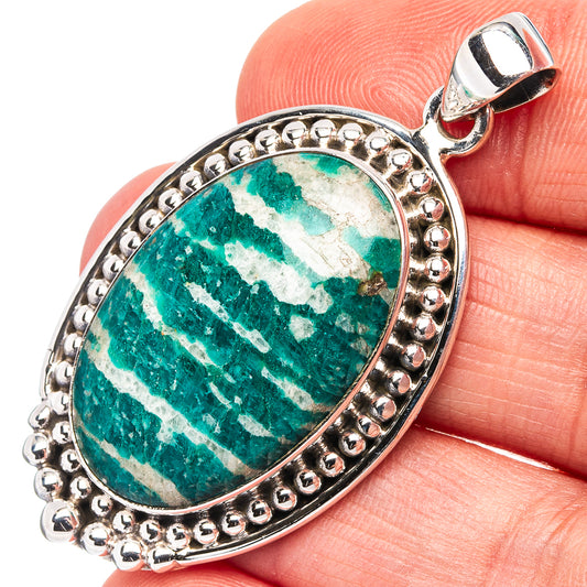 Oval amazonite pendant with white veining, .925 sterling silver bezel and bail