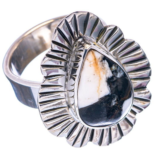 Sterling silver adjustable ring with white buffalo turquoise teardrop center sunburst