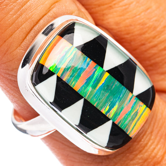 Opal inlay oval sterling silver ring with black-and-white checker pattern