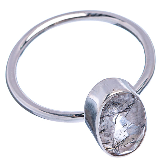 Sterling silver tourmalinated quartz ring with raised oval stone, open-top view